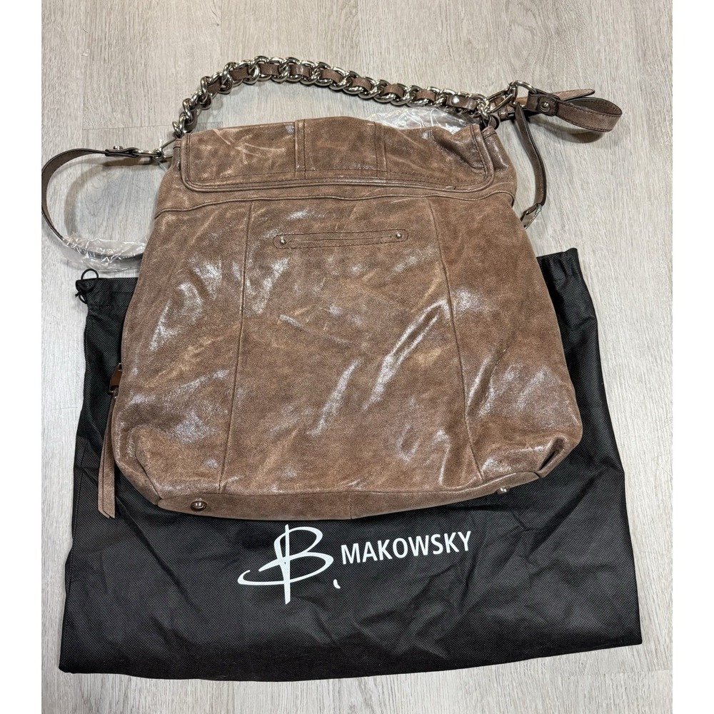 B Makowsky Leather Shoulder Bag Brown Distressed Large Hobo Leopard Lining - Picture 2 of 12